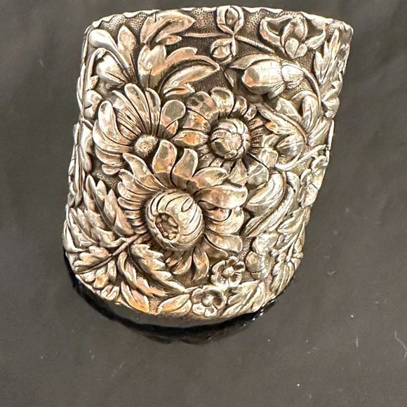 Floral Sterling Silver 925 Solid Cuff Bracelet Wide Victorian Antique Repurposed - Picture 2 of 10